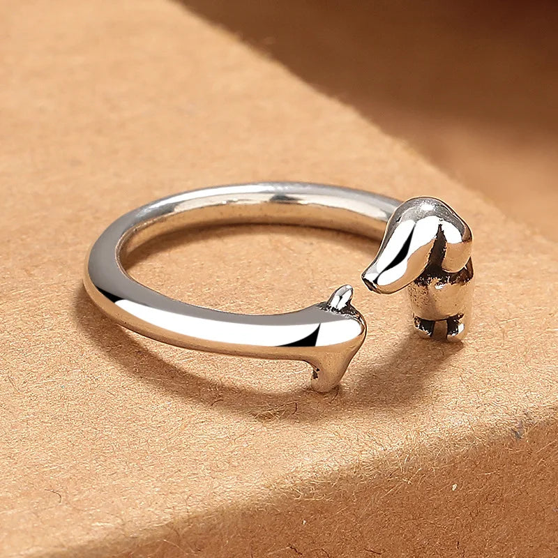 Dachshund Hug Adjustable Ring — Silver-Tone
