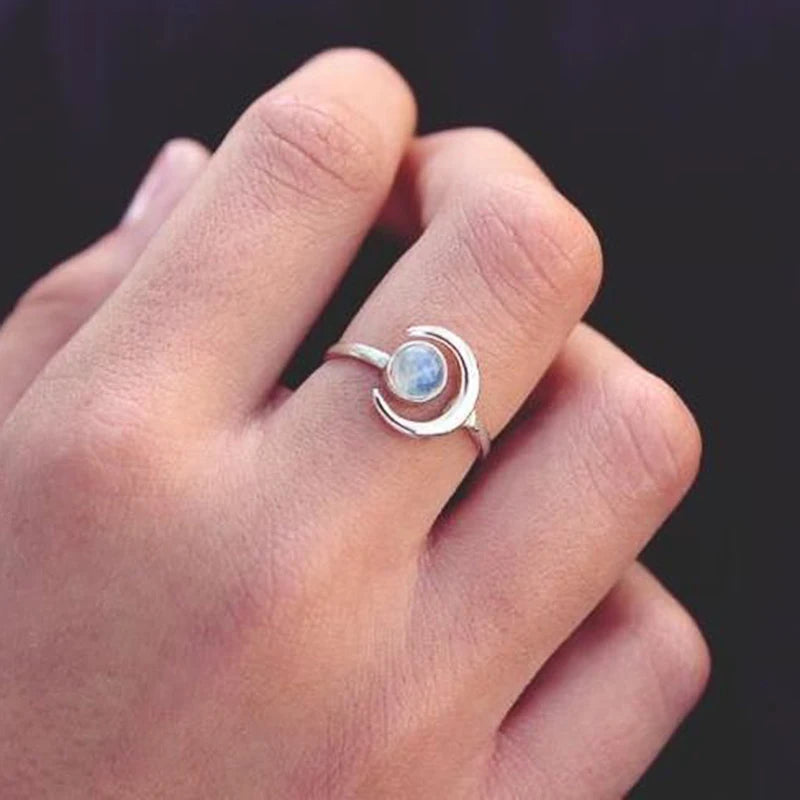 Crescent Moon Silver Moonstone Ring