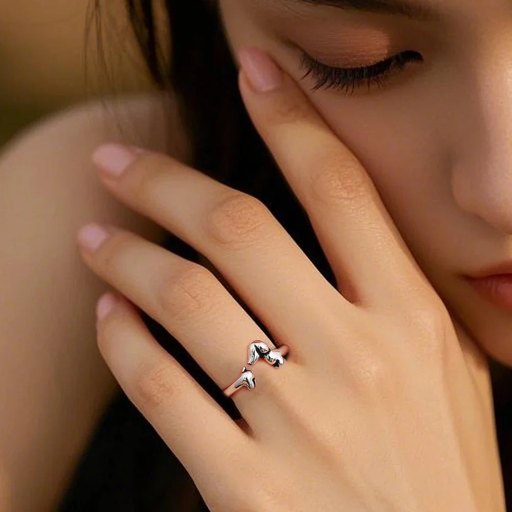 Dachshund Hug Adjustable Ring — Silver-Tone