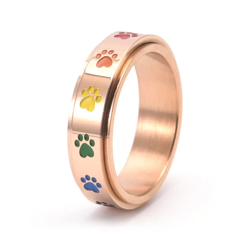 Spinning Stress Reducing Paw Ring Stainless Steel with Rainbow Paws