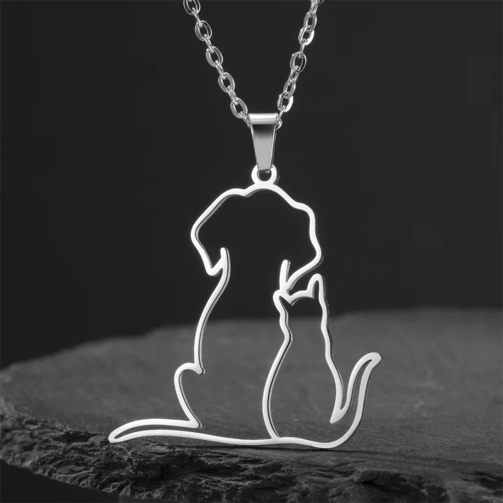 Puppy & Kitten Hug Necklace — Stainless Steel