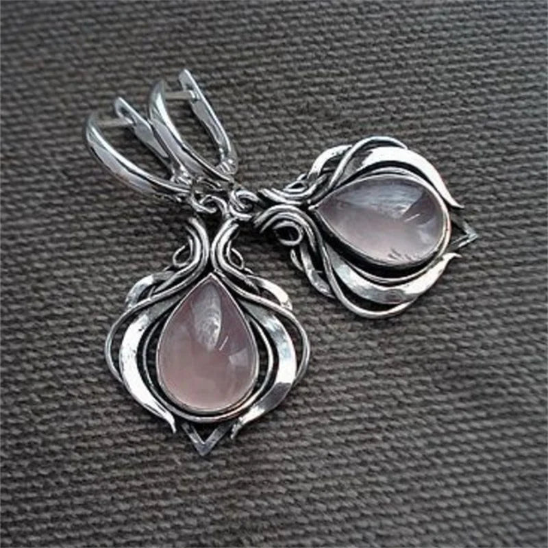 Vintage Victorian Style Water Droplet Inlaid with Pink Stones Earrings