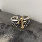 Adjustable Retro Cross Feather Wing Ring