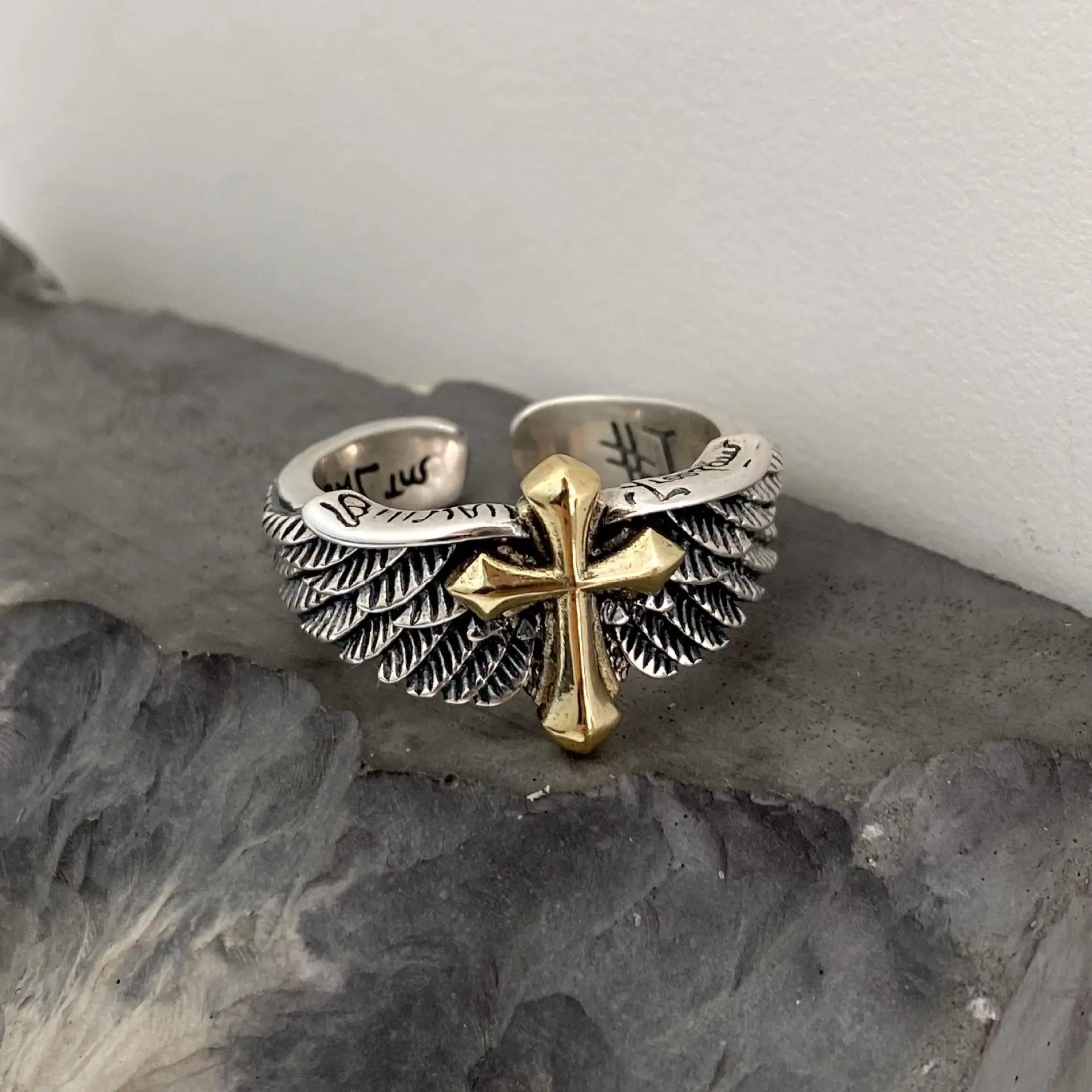 Adjustable Retro Cross Feather Wing Ring