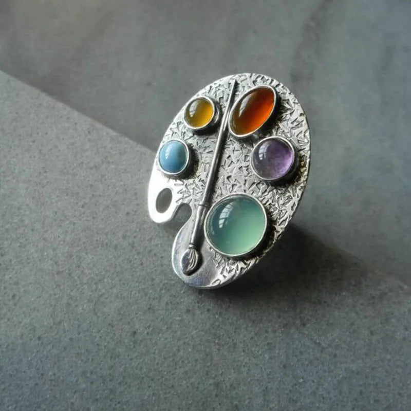 Artist Palette Multicolor Gemstone Adjustable Ring