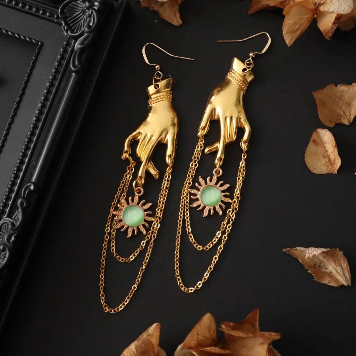 Golden Hand Sunburst Chain Earrings