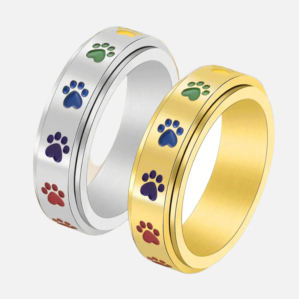 Spinning Stress Reducing Paw Ring Stainless Steel with Rainbow Paws