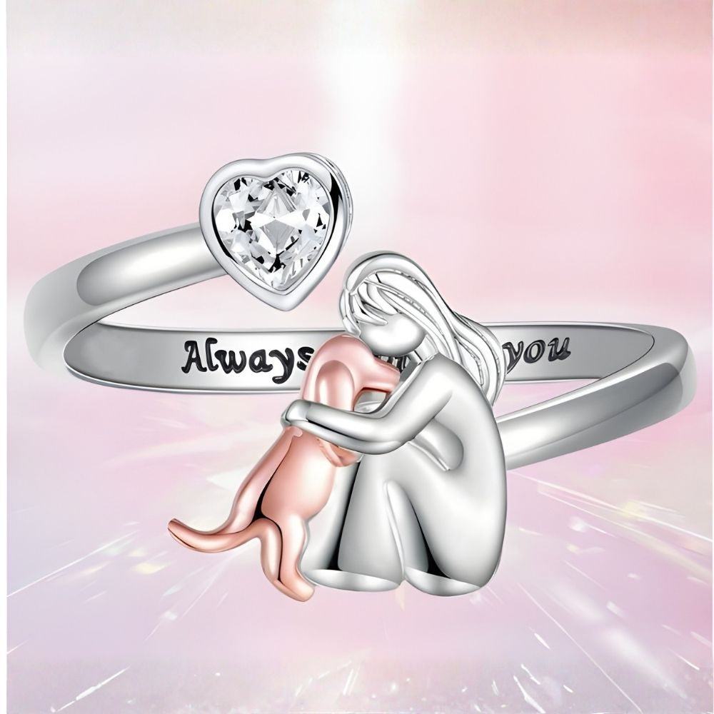 Silver Dog Ring with Heart-Shaped Zirconia Adjustable Fit