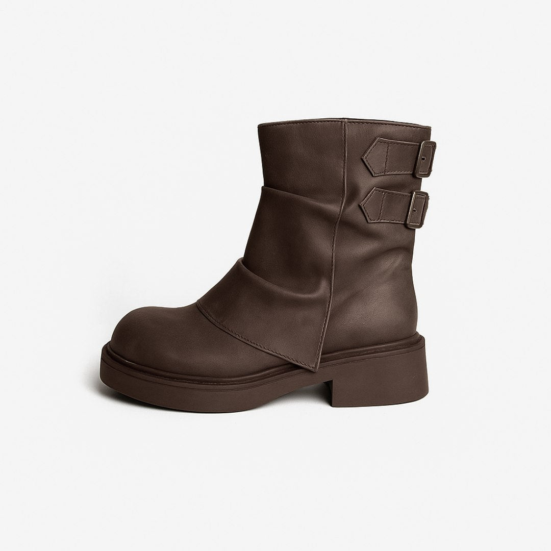 Fold-Over Platform Leather Ankle Boots with Buckle Straps and Block Heel