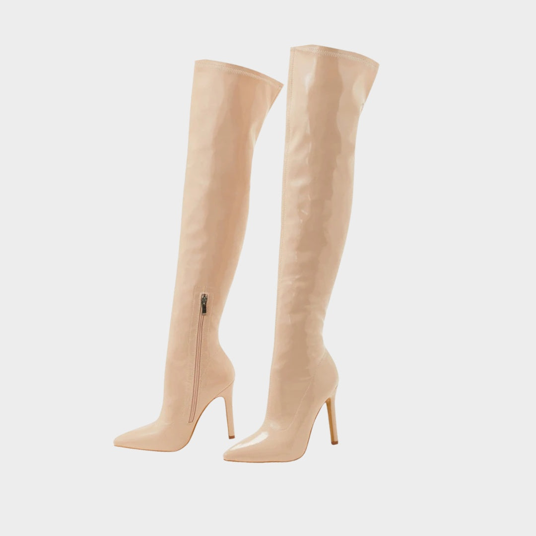 Patent Latex-Effect Finish Over-the-Knee Stiletto Boots with Pointed Toe