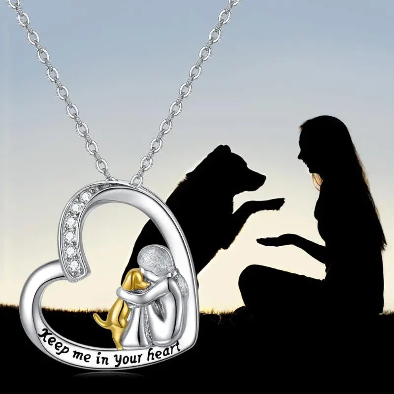 Silver Necklace Heart and Dog Design with Zirconia