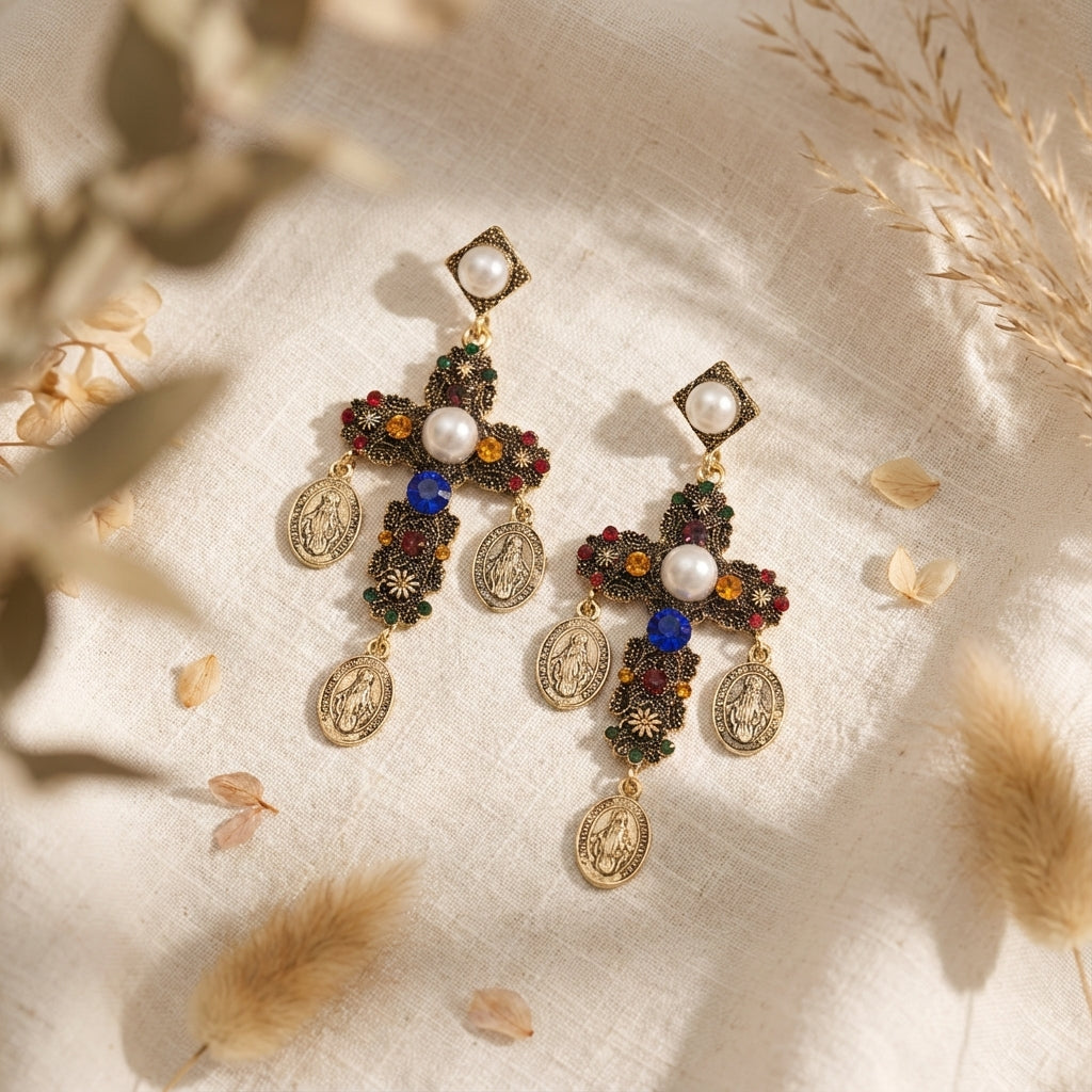 Shiny Pearl Cross Earrings