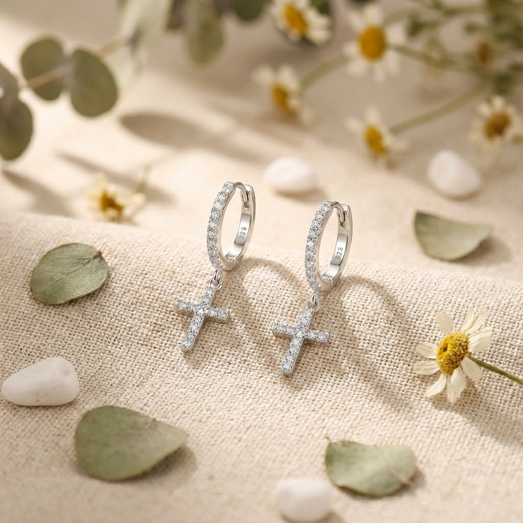 Zircon Cross Charm Dangle Hoop Earring