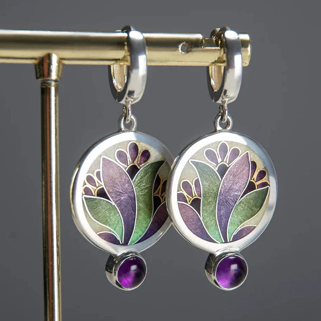 Vintage Boho Earrings with Purple Crystals