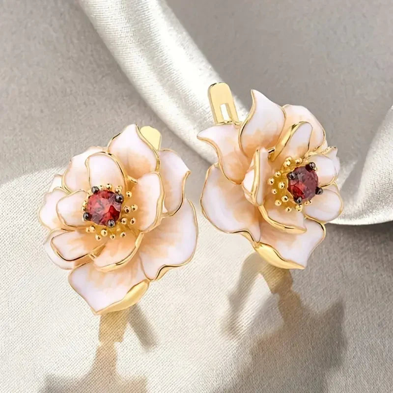 White Flower Red Zirconia Earrings