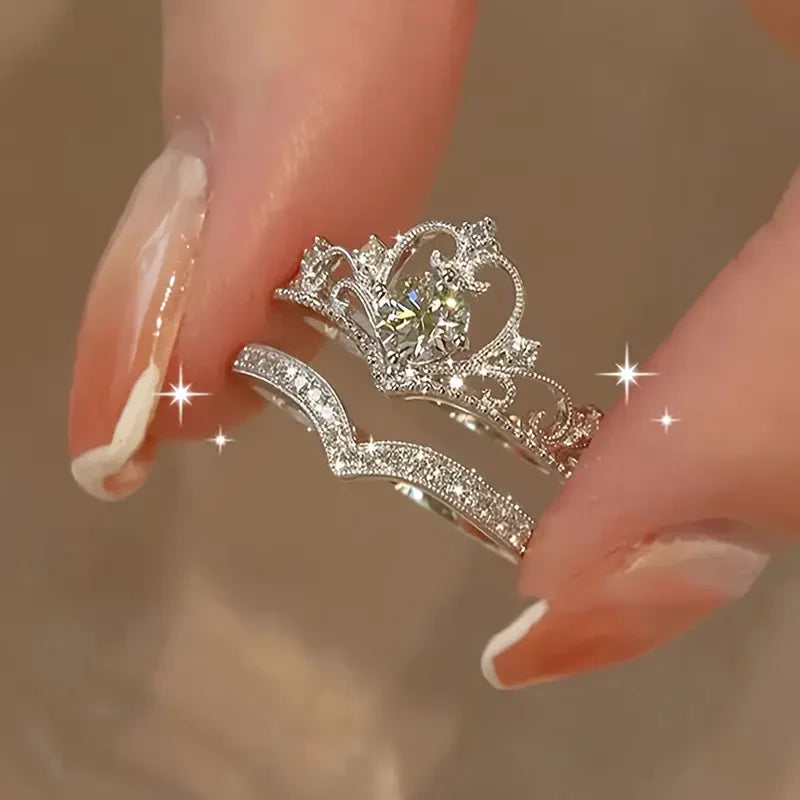 Shiny Crown Silver Ring Set