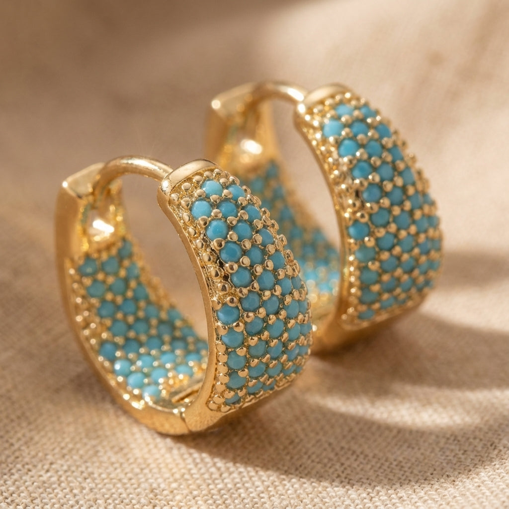 Elegant Golden-Tone Turquoise Beaded Hoop Earrings