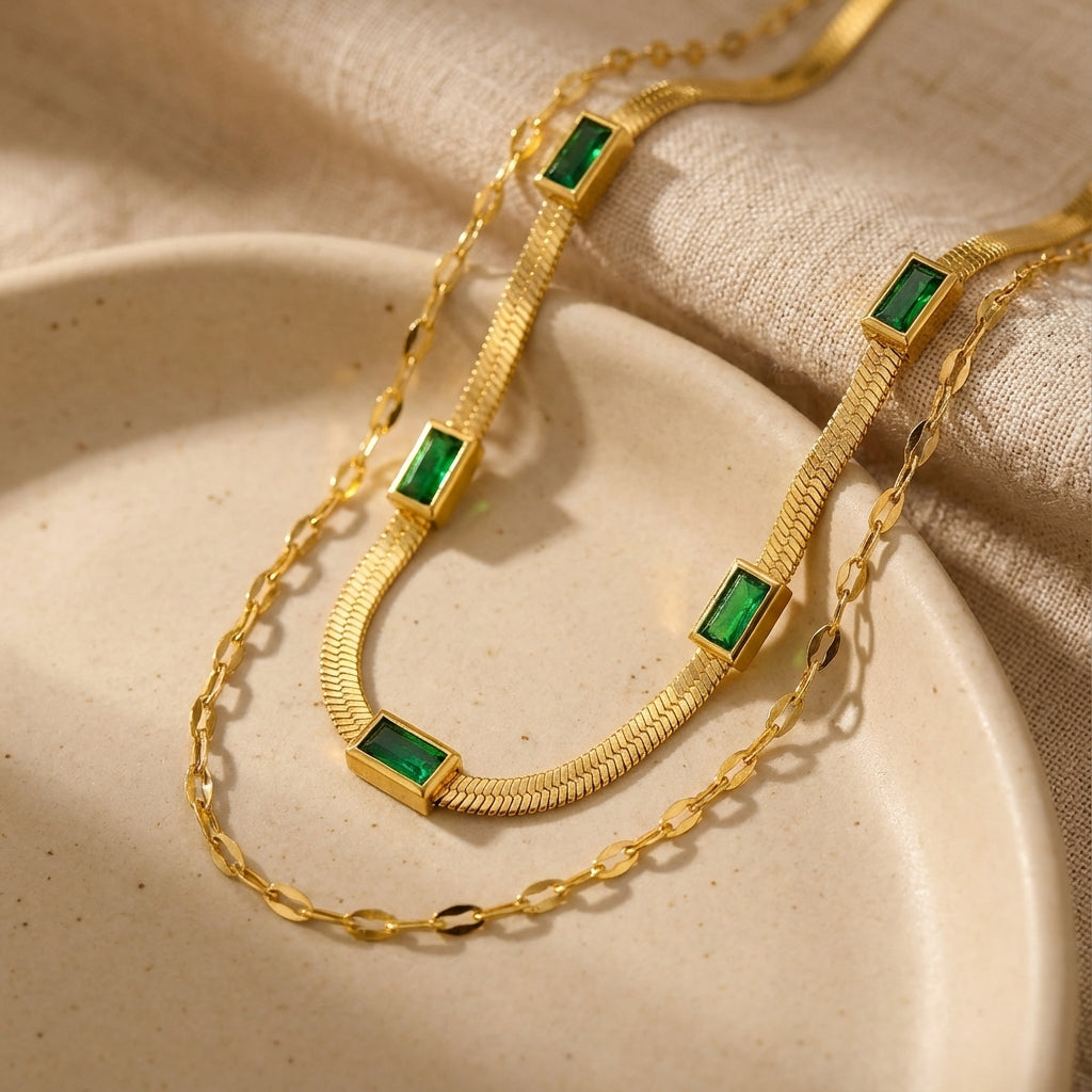 Sorella Gem Double-Layer Retro Gold Necklace