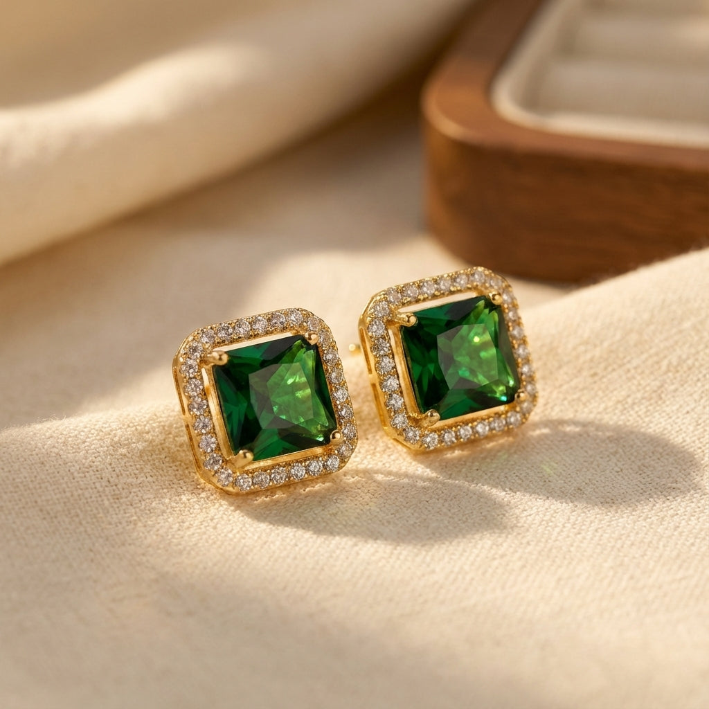 Golden Green Square Zirconia Gold Earrings