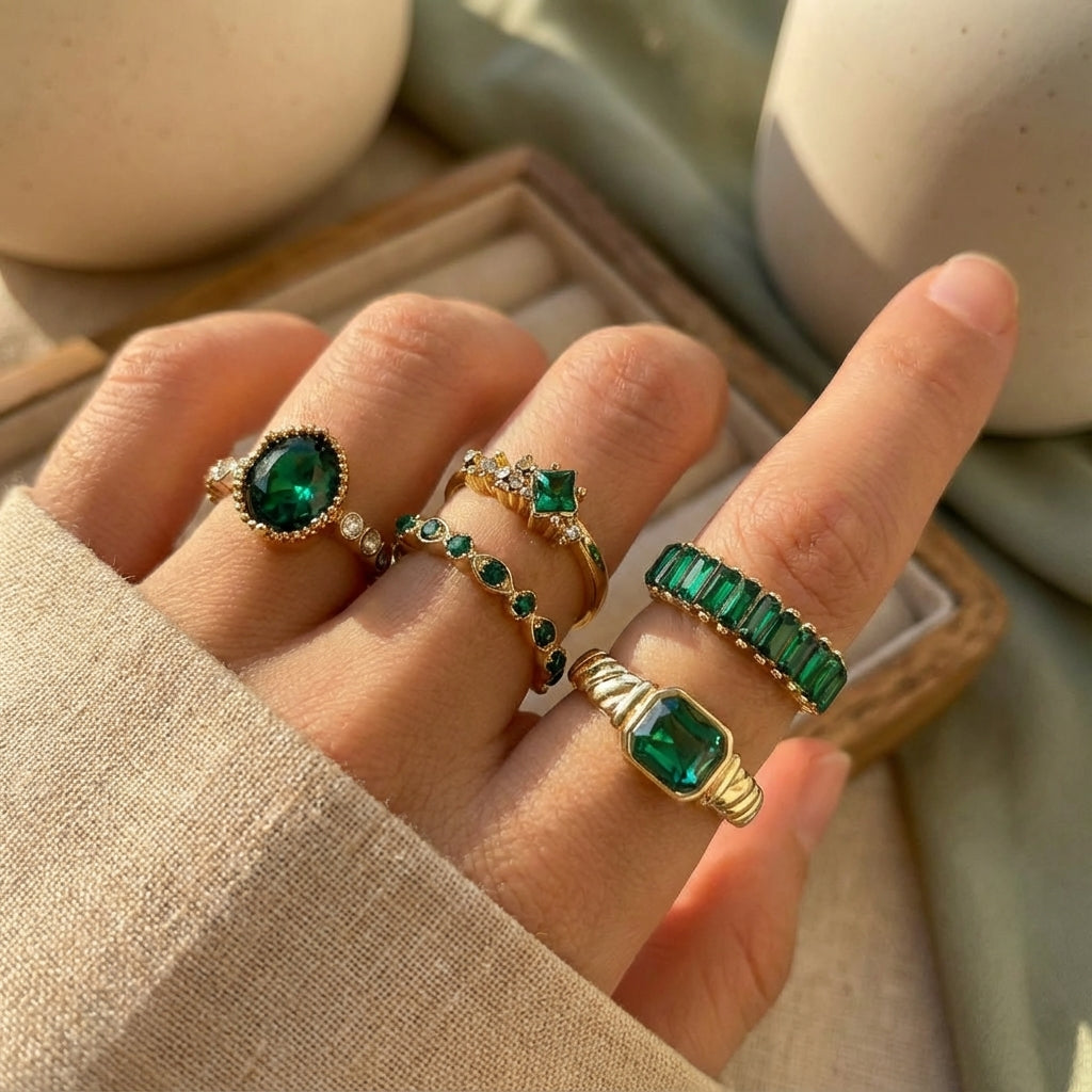Zarina Exquisite Emerald Gold Ring Set