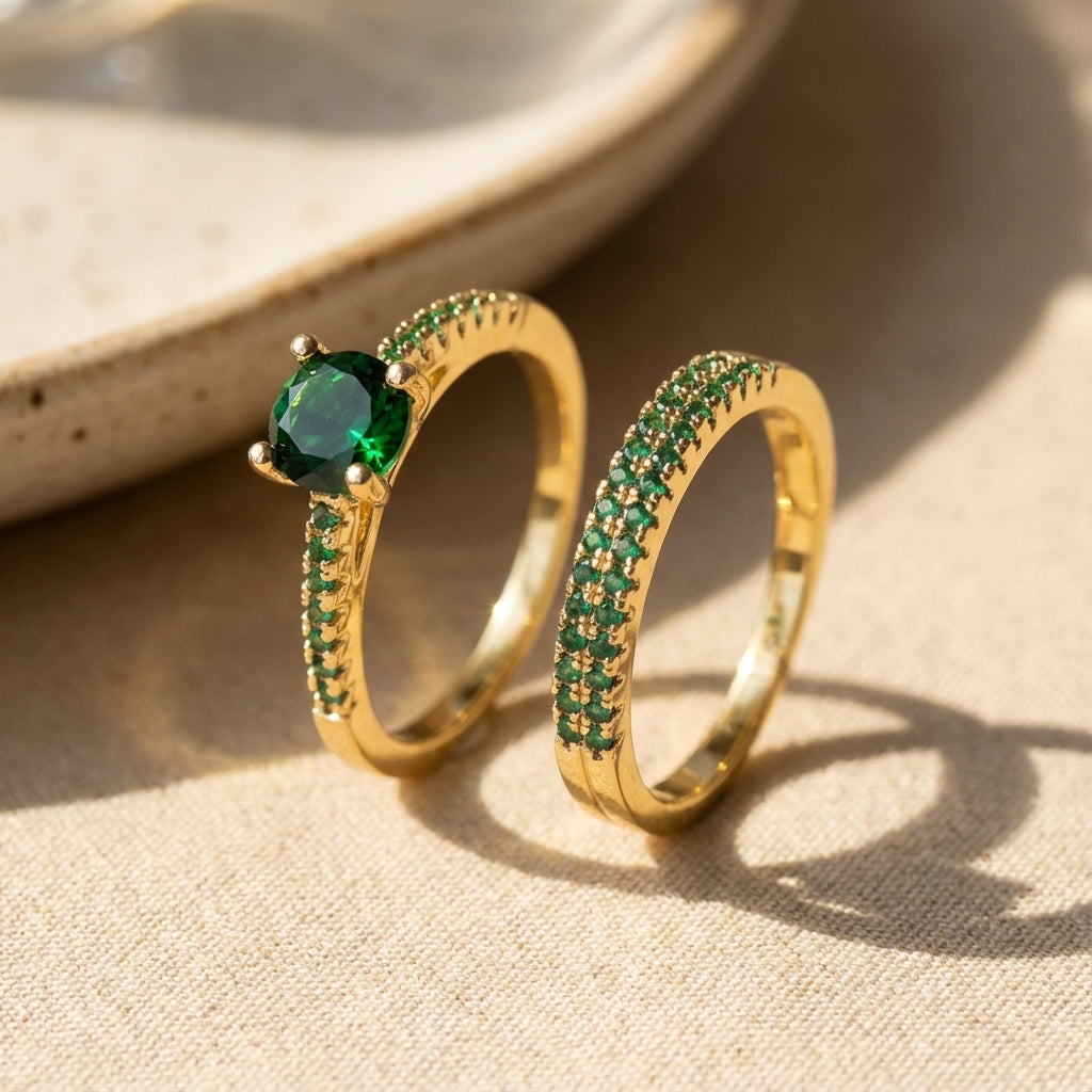 Serena Emerald Duo Ring Gold Set