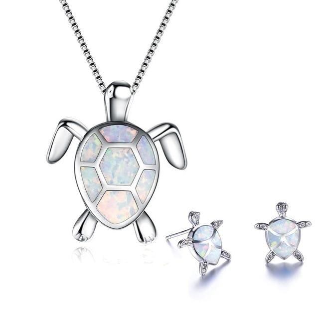 Sea Turtle Necklace and Earrings Set in Opal and Silver