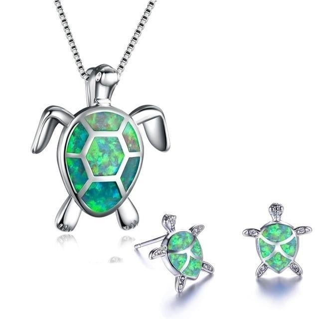 Sea Turtle Necklace and Earrings Set in Opal and Silver