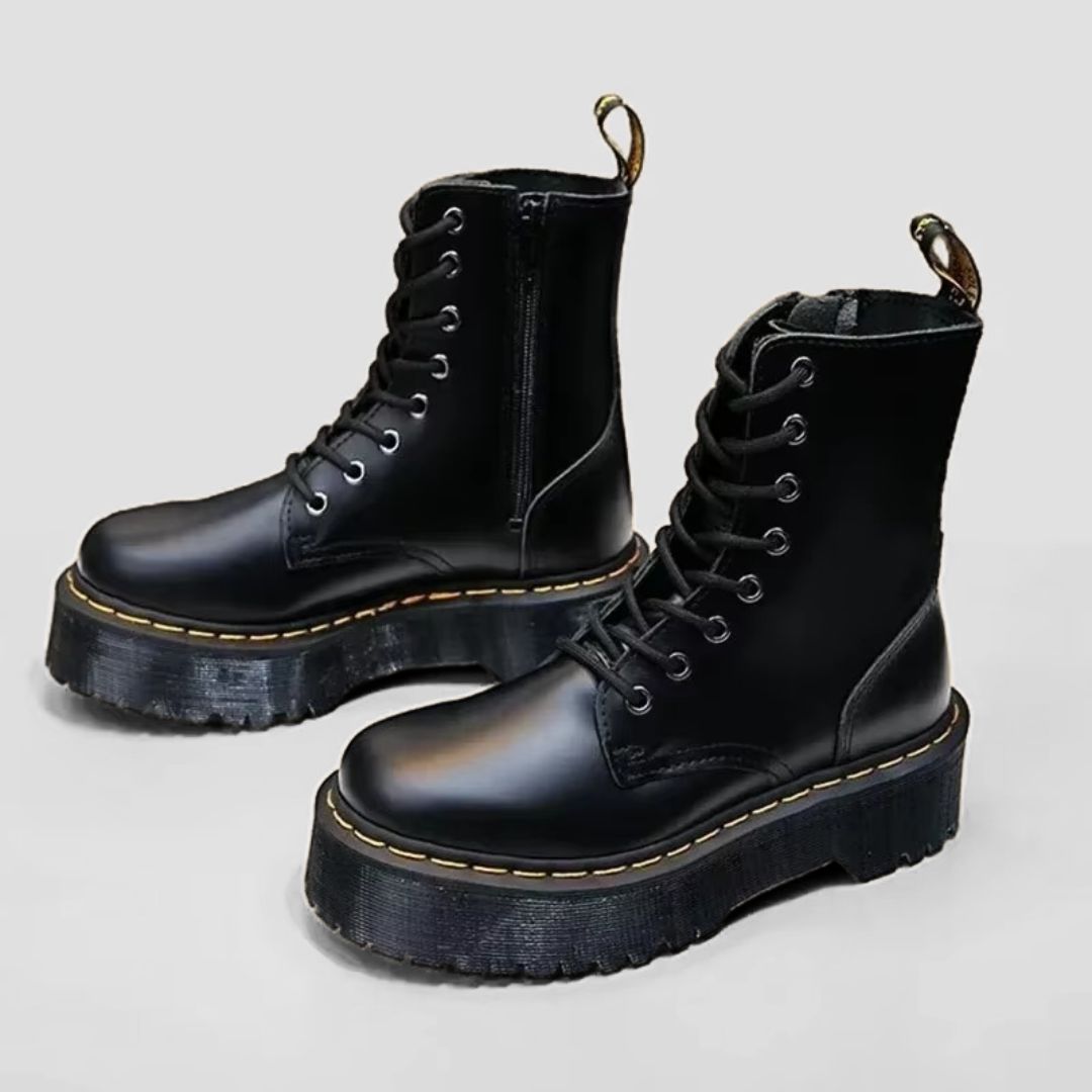Black Punk Style Ankle Boots with Yellow Stitching and Platform Sole