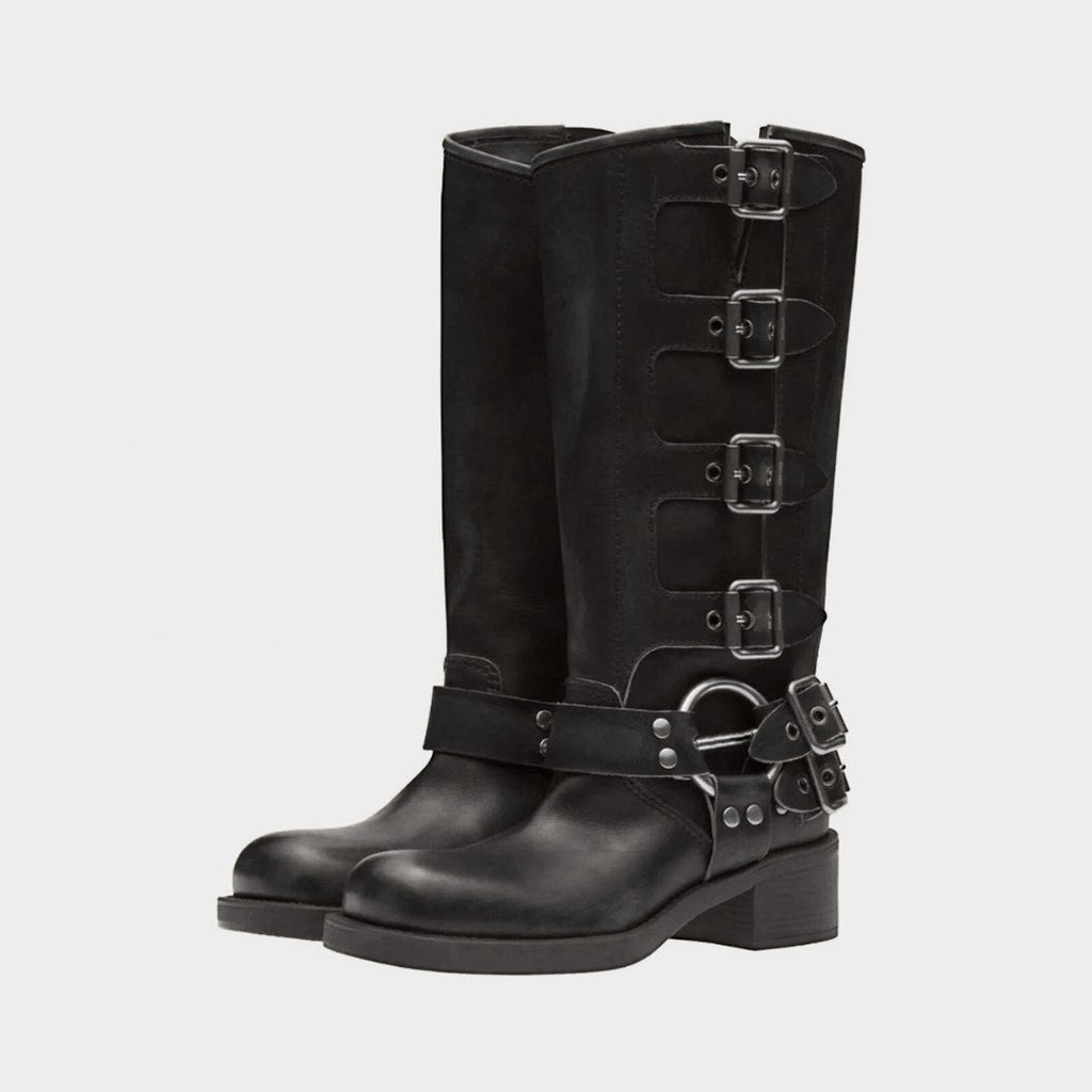 Leather Mid-Calf Buckle Harness Boots with Block Heel