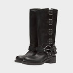 Leather Mid-Calf Buckle Harness Boots with Block Heel